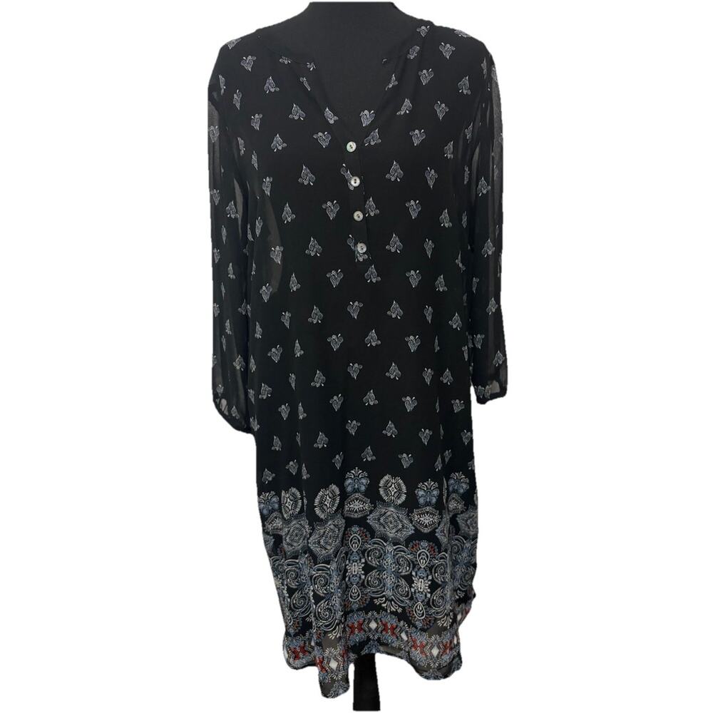 J Jill Black Boho Shift Dress Womens Medium Paisley Border Print Sheer Sleeve